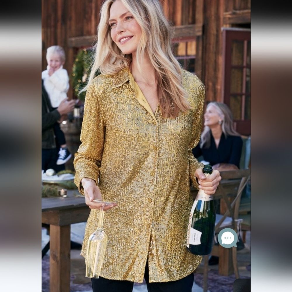 Soft Surroundings Sancerre Sequin Shirt in Shimmering Sequin Gold Size 1X